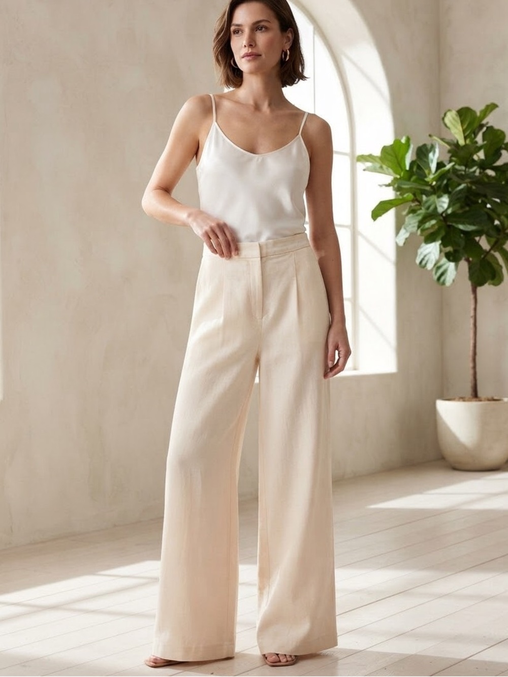 Altered State Cream Cotton Linen Like Wide Leg Pants Size Medium Lined Coastal